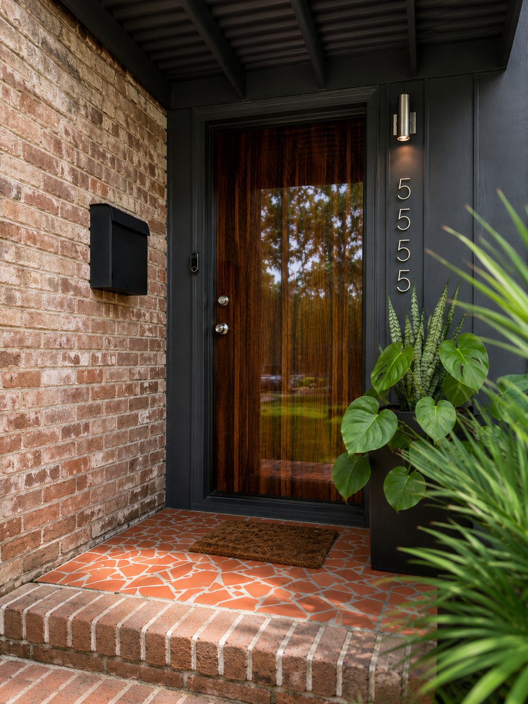 Rosewood front door with glass panel, brick steps, and house numbers on black siding