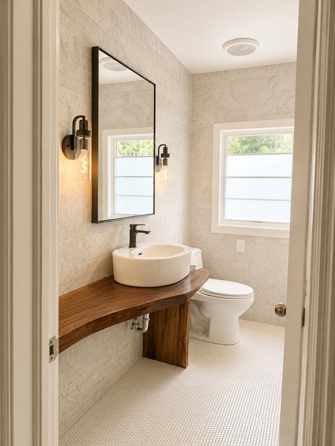 Renovated bath with live-edge walnut vanity and marble tile